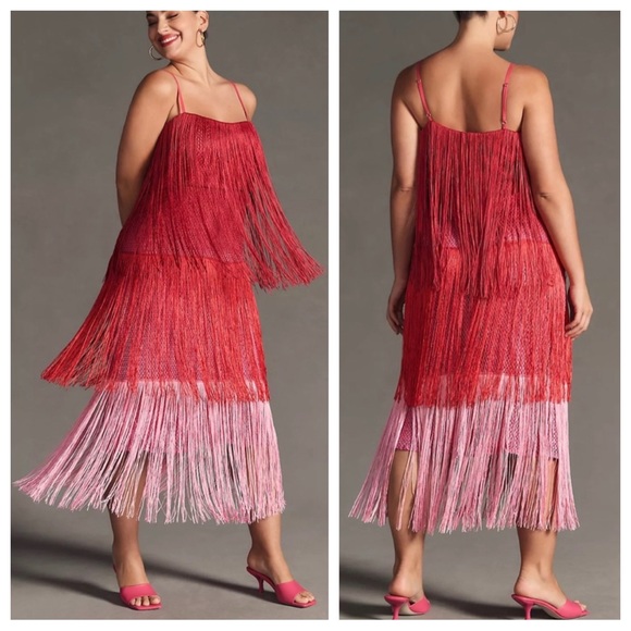 Anthropologie Let Me Be Tiered Pink Ombré Fringe DressSMALL NWT